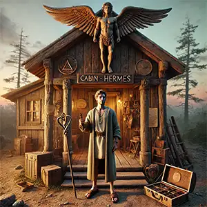 Hermes Cabin 11 at Camp Half-Blood - Rustic brown structure with travel motifs